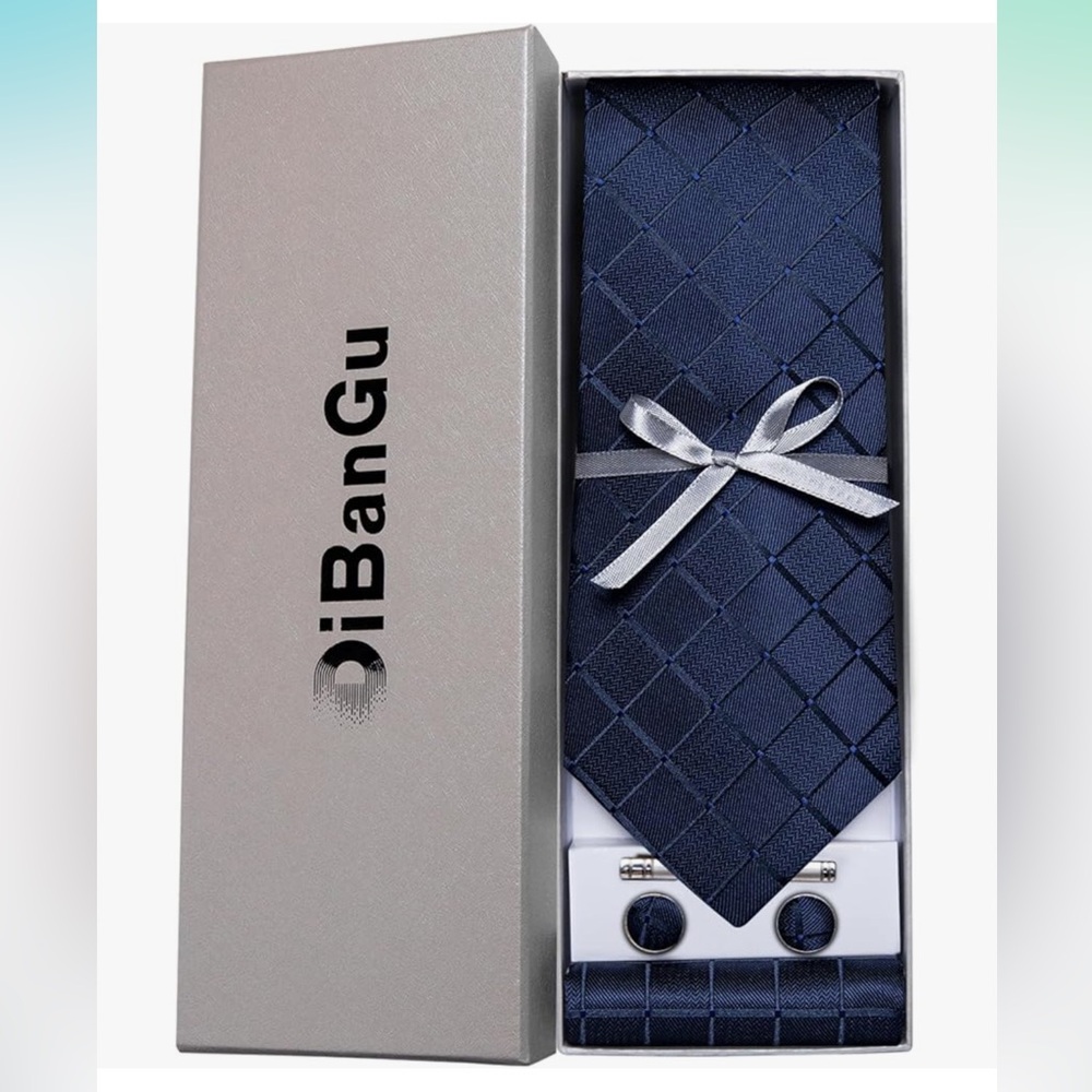 DiBanGu Silk Checkered Necktie and Cufflinks Set with Gift Box Navy Blue